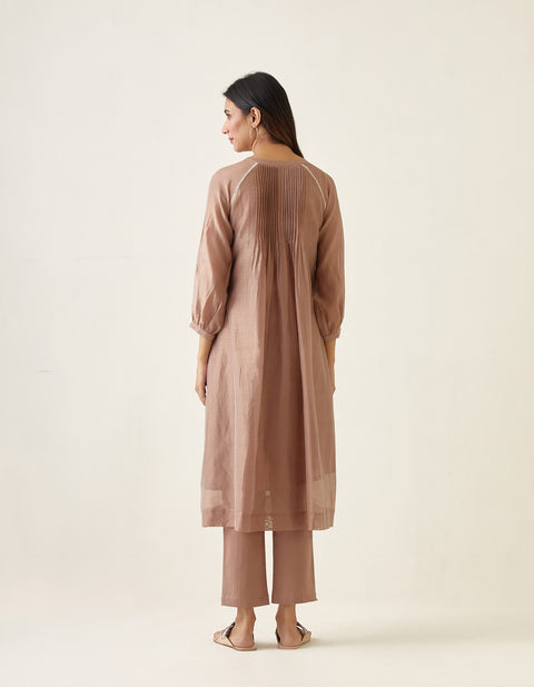 Premium Chanderi Raglan Sleeve Kurta with Pin tuck Details in Taupe, Cotton Pants & Slip (Set of 3) - By Vinusto
