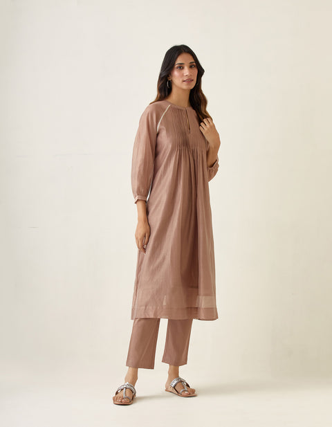 Chanderi Raglan Sleeve Kurta with Pin tuck Details in Taupe, Cotton Pants & Slip (Set of 3)