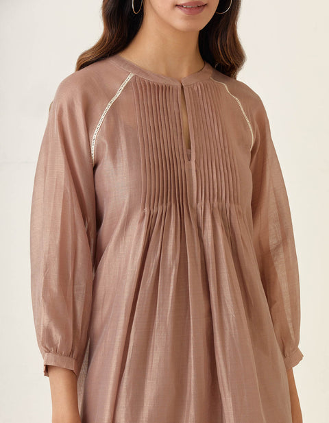 Handcrafted Chanderi Raglan Sleeve Kurta with Pin tuck Details in Taupe, Cotton Pants & Slip (Set of 3) - By Vinusto
