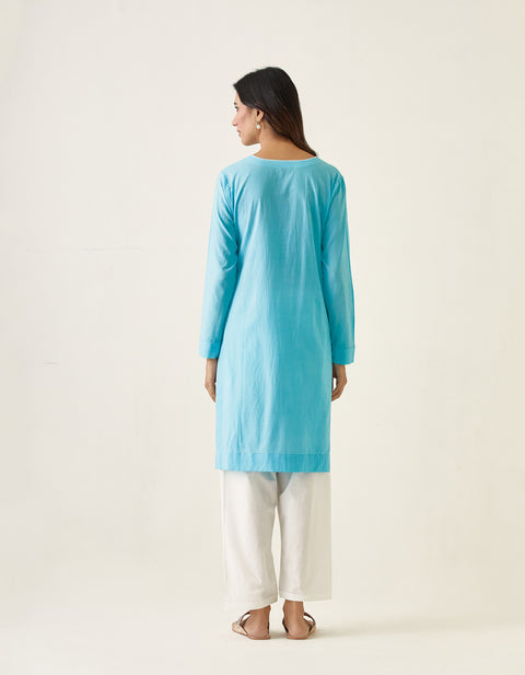 Premium V Neck High Low Kurta with Shirt Sleeves and Salwar in Pastel Blue & White Cotton (Set of 2) - By Vinusto
