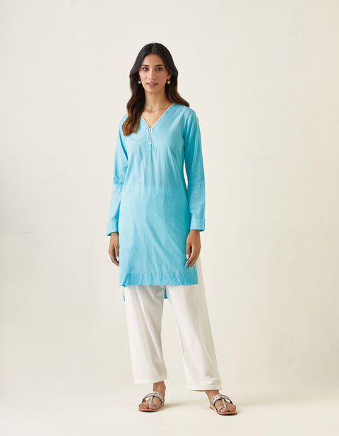 Buy V Neck High Low Kurta with Shirt Sleeves and Salwar in Pastel Blue & White Cotton (Set of 2) - By Vinusto
