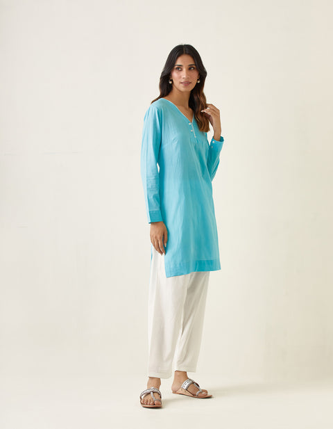 Order V Neck High Low Kurta with Shirt Sleeves and Salwar in Pastel Blue & White Cotton (Set of 2) - By Vinusto

