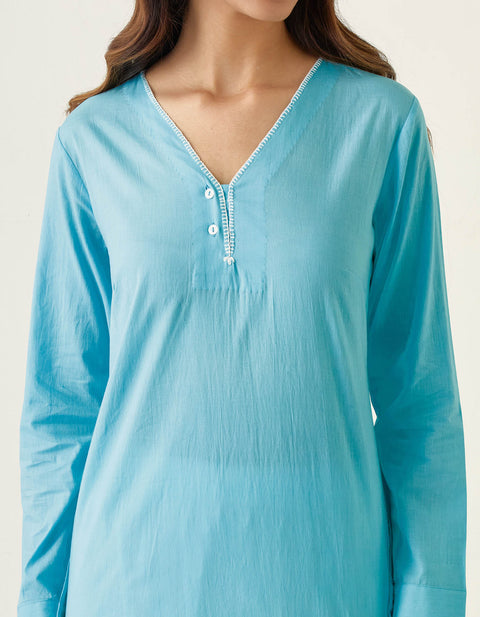 Handcrafted V Neck High Low Kurta with Shirt Sleeves and Salwar in Pastel Blue & White Cotton (Set of 2) - By Vinusto
