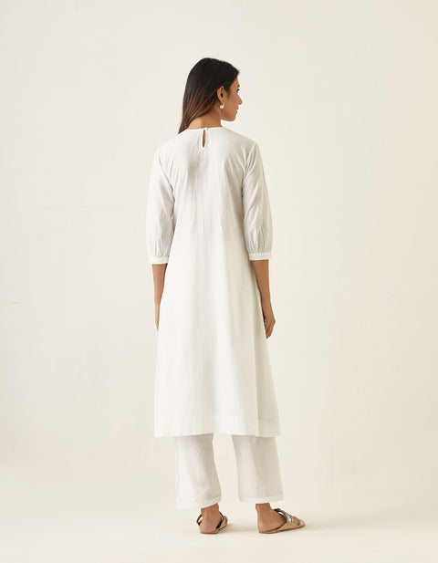 Beautiful Embroidered Pin tucks Kurta with Salwar in Off White Cotton and Chanderi Handloom Dupatta in Lime (Set of 3) - By Vinusto