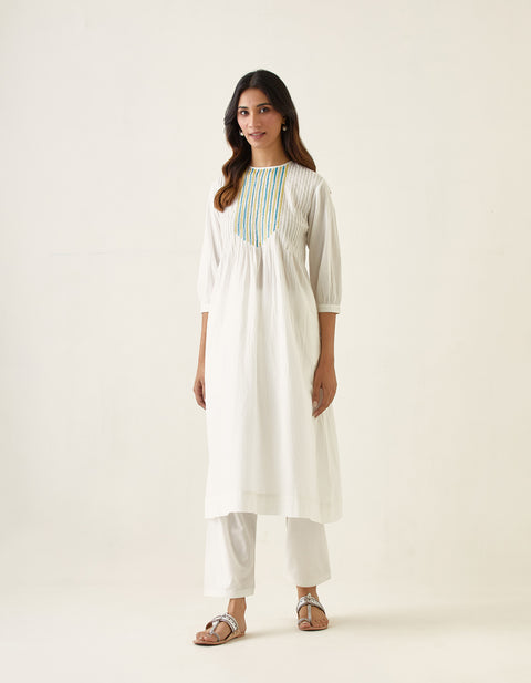 Embroidered Pin tucks Kurta with Salwar in Off White Cotton (Set of 2)