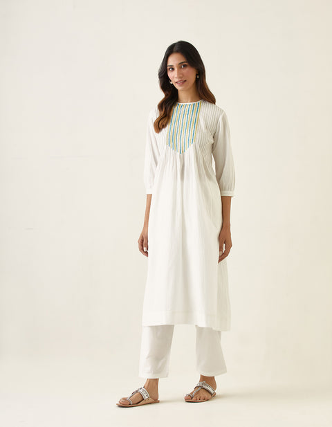 Order Embroidered Pin tucks Kurta with Salwar in Off White Cotton and Chanderi Handloom Dupatta in Lime (Set of 3) - By Vinusto
