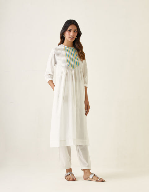 Handcrafted Embroidered Pin tucks Kurta with Salwar in Off White Cotton and Chanderi Handloom Dupatta in Lime (Set of 3) - By Vinusto