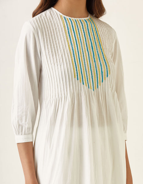 Handcrafted Embroidered Pin tucks Kurta with Salwar in Off White Cotton (Set of 2) - By Vinusto