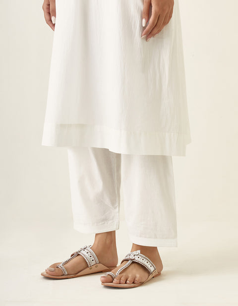 Designer Embroidered Pin tucks Kurta with Salwar in Off White Cotton and Chanderi Handloom Dupatta in Lime (Set of 3) - By Vinusto