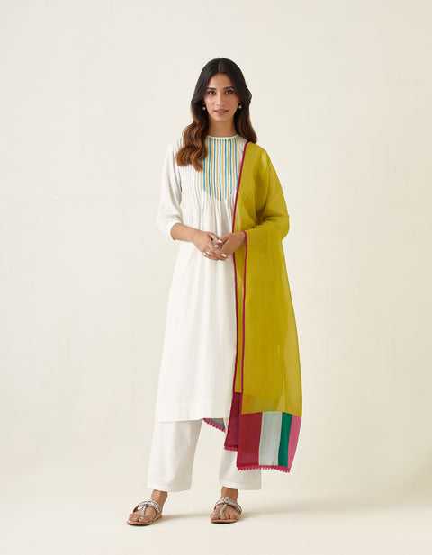 Shop Embroidered Pin tucks Kurta with Salwar in Off White Cotton and Chanderi Handloom Dupatta in Lime (Set of 3) - By Vinusto