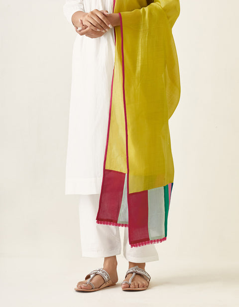 Luxury Embroidered Pin tucks Kurta with Salwar in Off White Cotton and Chanderi Handloom Dupatta in Lime (Set of 3) - By Vinusto