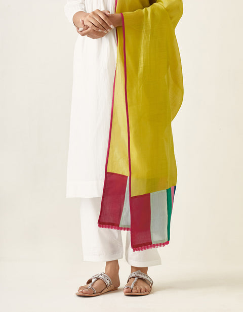 Embroidered Pin tucks Kurta with Salwar in Off White Cotton and Chanderi Handloom Dupatta in Lime (Set of 3)