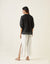 Coordinate Set- Black Linen Silk Shirt with High Slit Pants in White (Set of 2)