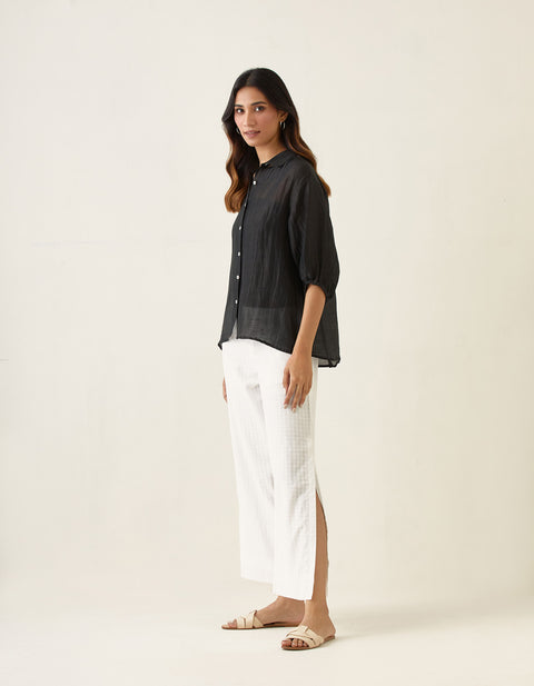 Buy Black Linen Silk Shirt with High-Slit Pants in White (Set of 2) | Vinusto