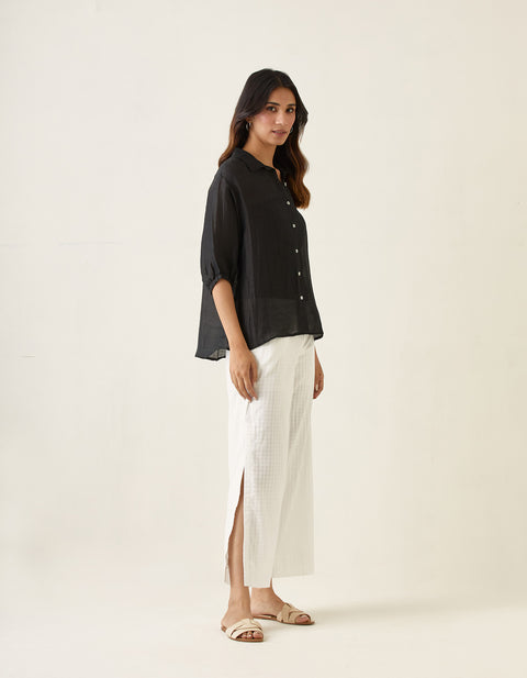 Order Black Linen Silk Shirt with High-Slit Pants in White (Set of 2) | Vinusto