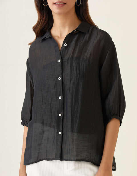 Buy Black Linen Silk Handloom Shirt | Vinusto
