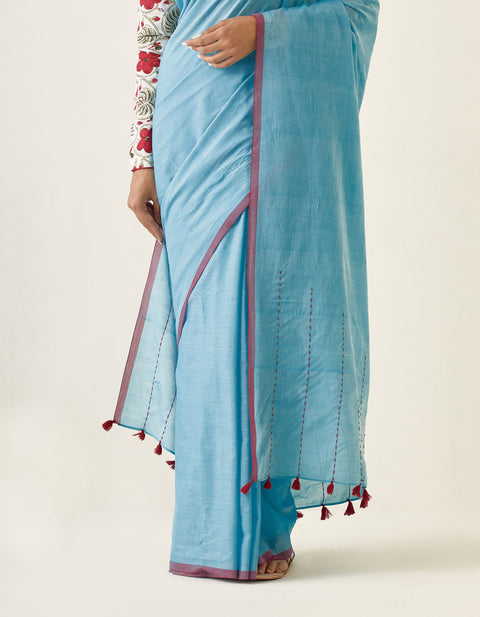 Coordinate Set- Handcrafted Mercerized Cotton Saree with Kantha Details in Pastel Blue & Hand block Printed Blouse (Set of 2)