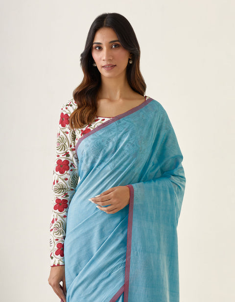 Order Handcrafted Mercerized Cotton Saree with Kantha Details in Pastel Blue – Vinusto

