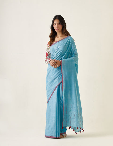 Handcrafted Mercerized Cotton Saree with Kantha Details in Pastel Blue