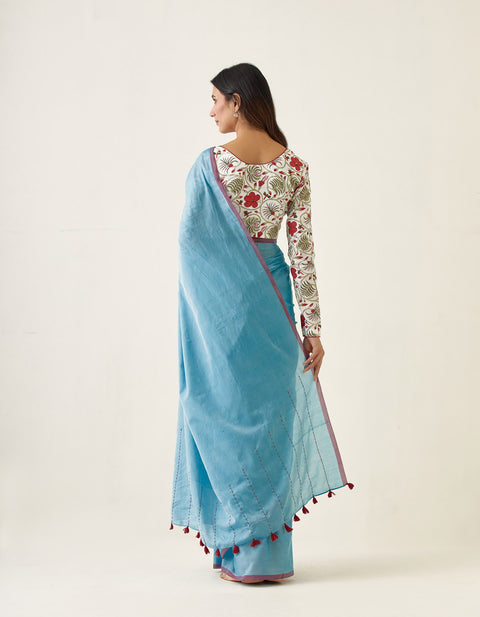 Coordinate Set- Handcrafted Mercerized Cotton Saree with Kantha Details in Pastel Blue & Hand block Printed Blouse (Set of 2)