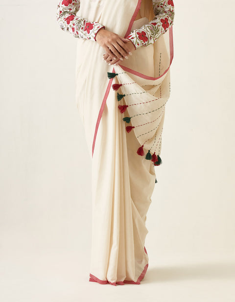 Luxury Handcrafted Mercerized Cotton Saree with Kantha Details & Hand Block Printed Blouse (Set of 2) | Vinusto