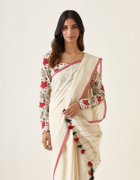 Order Handcrafted Mercerized Cotton Saree with Kantha Details & Hand Block Printed Blouse (Set of 2) | Vinusto