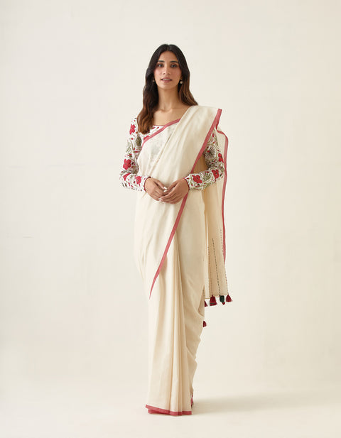 Shop Handcrafted Mercerized Cotton Saree with Kantha Details & Hand Block Printed Blouse (Set of 2) | Vinusto