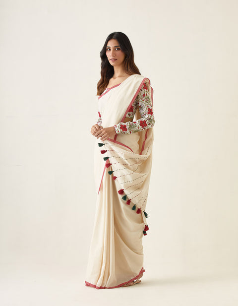 Buy Handcrafted Mercerized Cotton Saree with Kantha Details & Hand Block Printed Blouse (Set of 2) | Vinusto