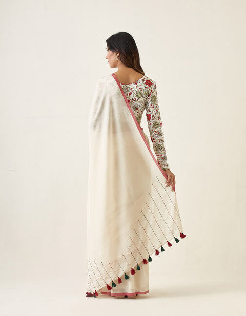 Premium Handcrafted Mercerized Cotton Saree with Kantha Details & Hand Block Printed Blouse (Set of 2) | Vinusto