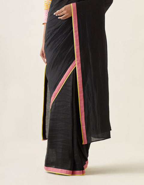 Luxury Handcrafted Linen Silk Saree in Black with Yellow & Pink Border | Vinusto

