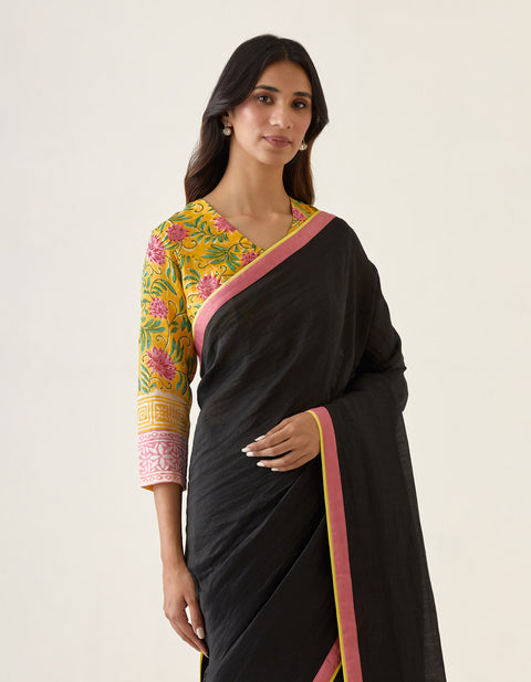 Handcrafted Linen Silk Saree in Black with Yellow& Pink Border