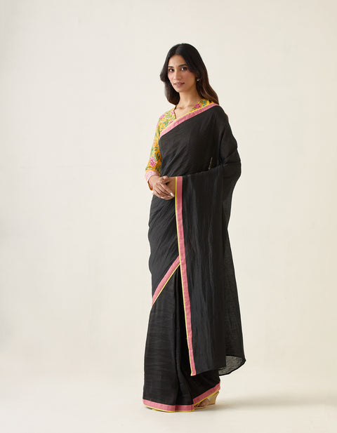 Buy Handcrafted Linen Silk Saree in Black with Yellow & Pink Border | Vinusto

