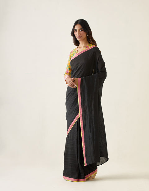 Handcrafted Linen Silk Saree in Black with Yellow& Pink Border