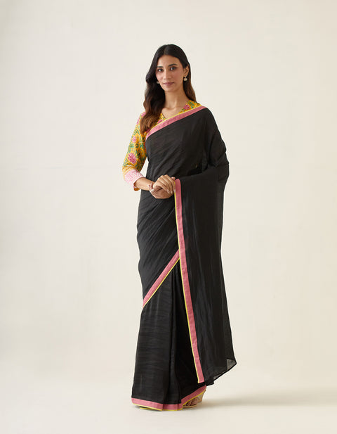 Handcrafted Linen Silk Saree in Black with Yellow& Pink Border