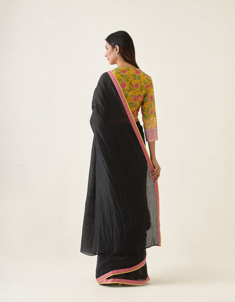 Handcrafted Linen Silk Saree in Black with Yellow& Pink Border