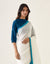 Coordinate Set- Handcrafted White Linen Silk Saree with Color Block Border and Teal Chanderi Blouse (Set of 2)