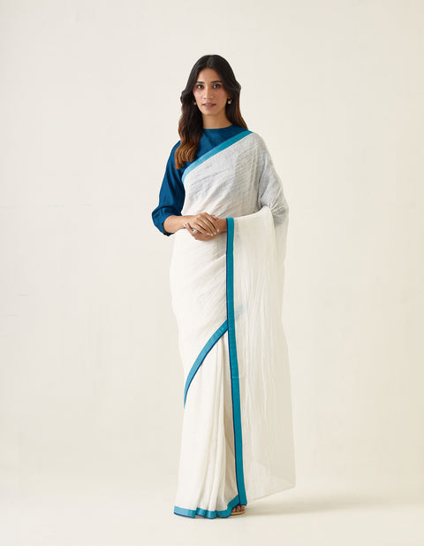 Handcrafted White Linen Silk Saree with Color Block Border (Handloom)