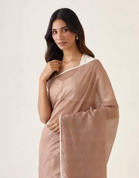 Handcrafted Taupe Saree with Striped Pallu in Chanderi Handloom