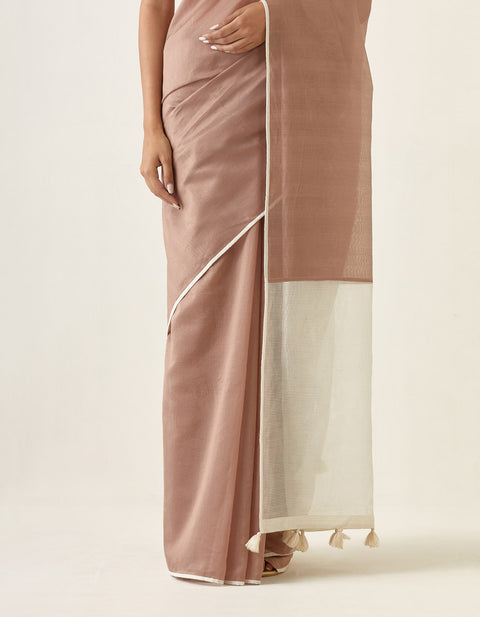 Order Handcrafted Taupe Chanderi Saree with Striped Pallu | Vinusto

