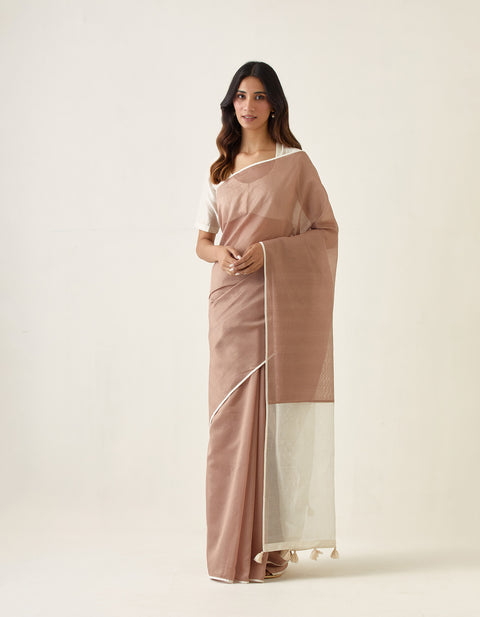 Handcrafted Taupe Saree with Striped Pallu in Chanderi Handloom