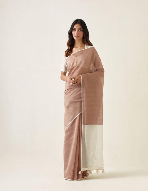 Shop Handcrafted Taupe Saree with Striped Pallu & Off-White Blouse in Chanderi Handloom (Set of 2) | Vinusto