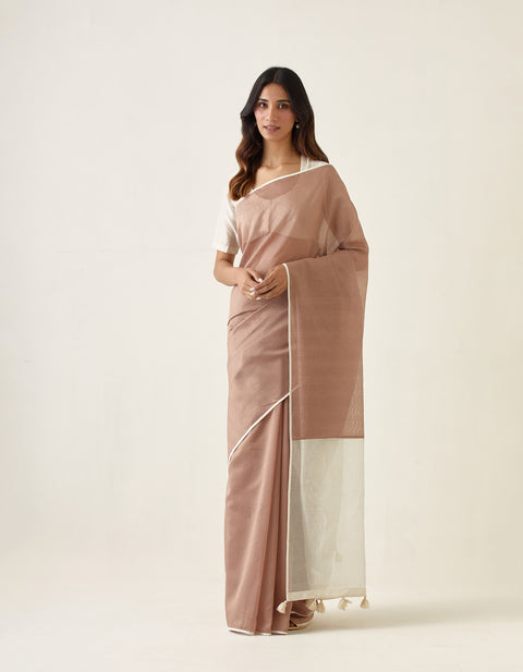 Coordinate Set- Handcrafted Taupe Saree with Striped Pallu & Off White Blouse in Chanderi Handloom (Set of 2)