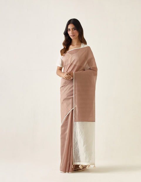 Buy Handcrafted Taupe Saree with Striped Pallu & Off-White Blouse in Chanderi Handloom (Set of 2) | Vinusto