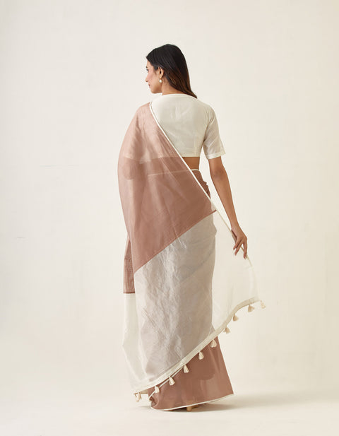 Handcraft Handcrafted Taupe Saree with Striped Pallu & Off-White Blouse in Chanderi Handloom (Set of 2) | Vinusto