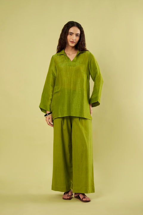 Olive Green Linen Shirt with Bell Sleeves & Khadi Cotton Pants (Set of 2)