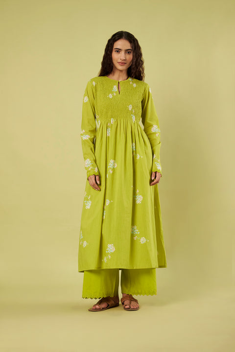 Lime Printed Kurta Set with Smocked Bodice & Airy Chiffon Dupatta (Set of 3)
