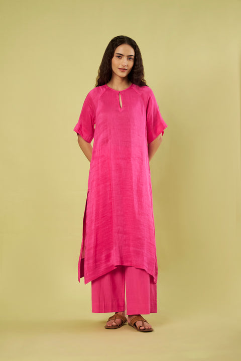 Elegant Pink Linen Silk Kurta with Handwoven Khadi Cotton Pants (Set of 2)