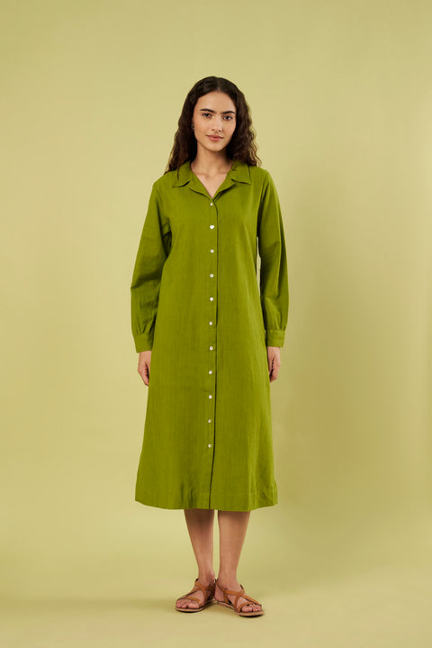 Khadi Cotton Button-Down Shirt Dress with Side Slits