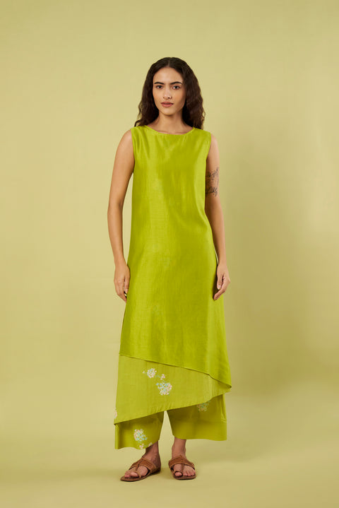 Printed Cotton & Chanderi Asymmetric A-Line Kurta with Farshi Salwar (Set of 2)