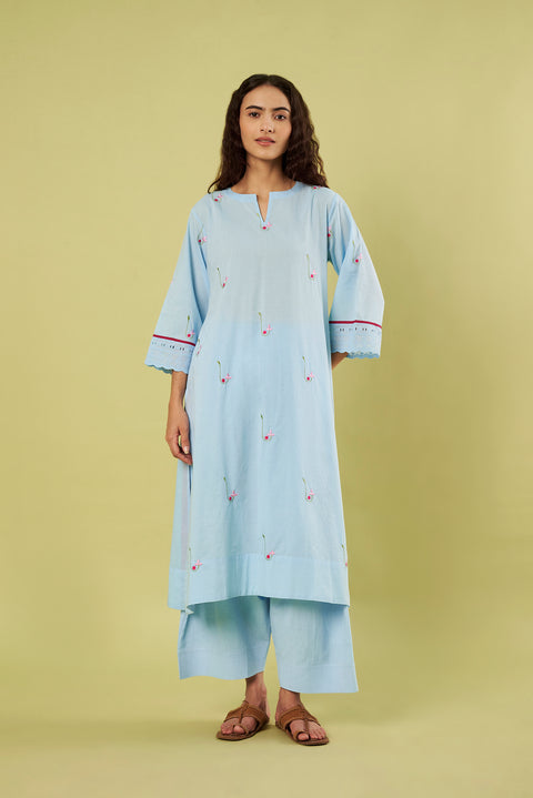 Relaxed Fit Cotton Kurta with Embroidered Bootis, Chiffon Dupatta & Cotton Pants (Set of 3)